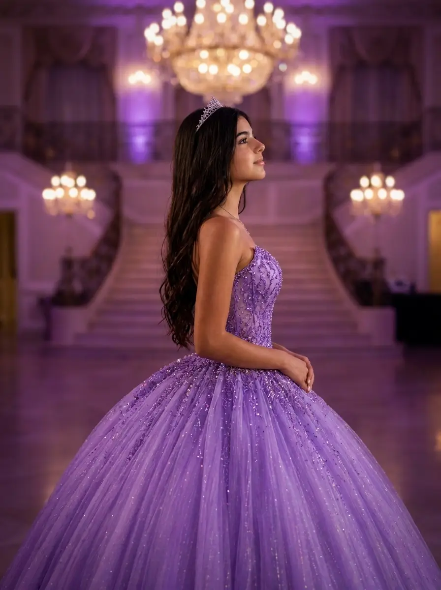 Lara de perfil segurando o vestido lilás