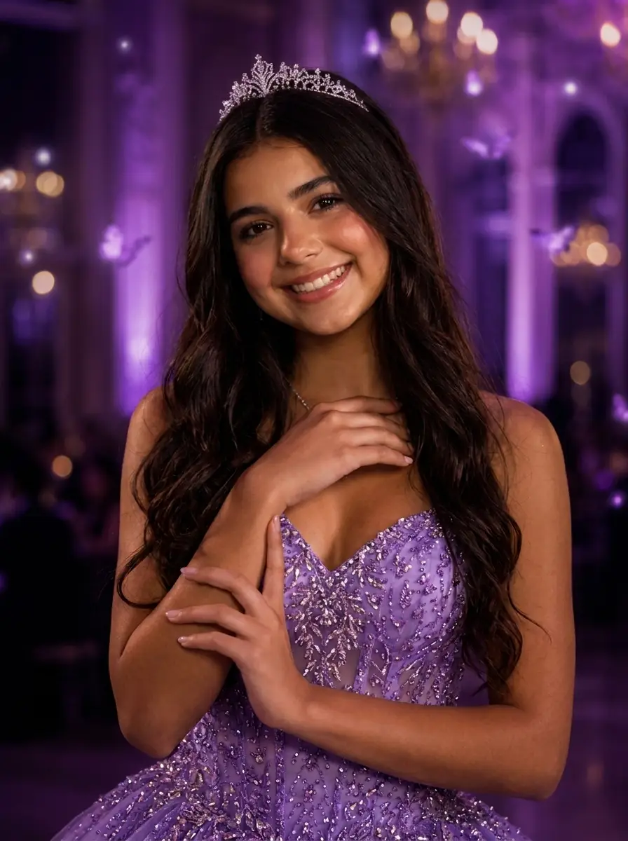 Lara sorrindo com o vestido de 15 anos